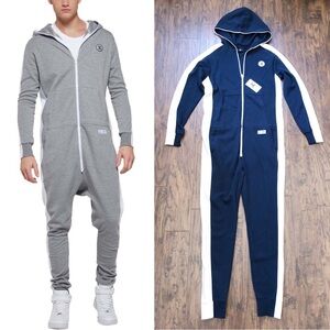 Onepiece • Racer Jumpsuit onesie navy white knit zip front loungewear unisex